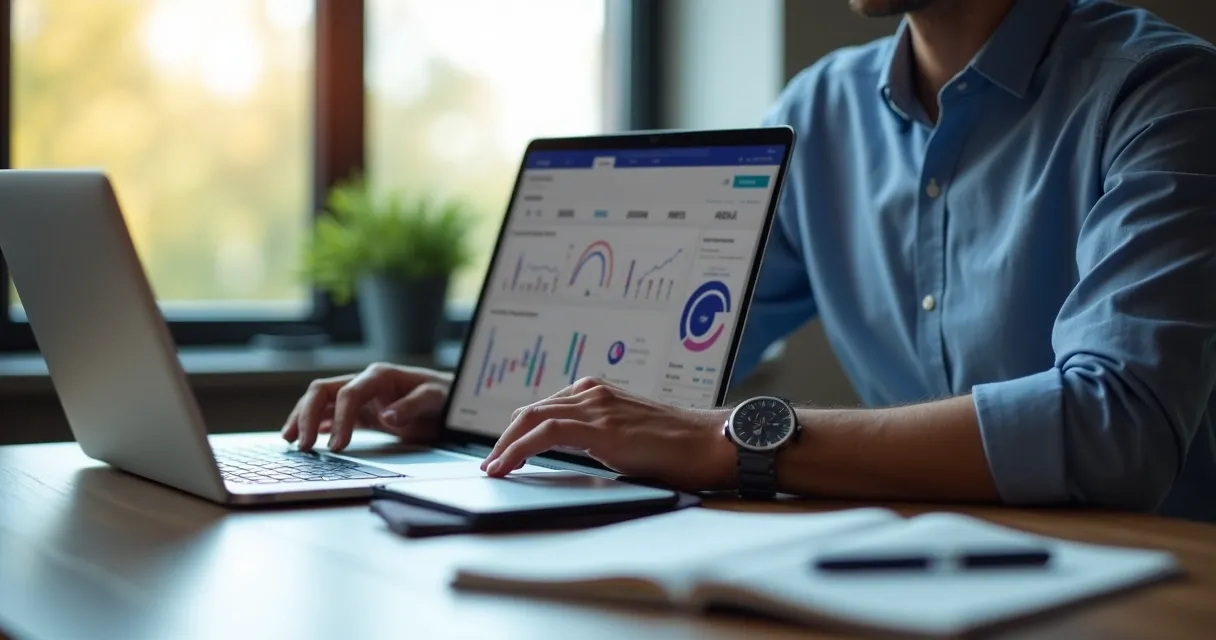 Profissional de vendas utilizando notebook com dashboard de IA e anotações manuscritas.