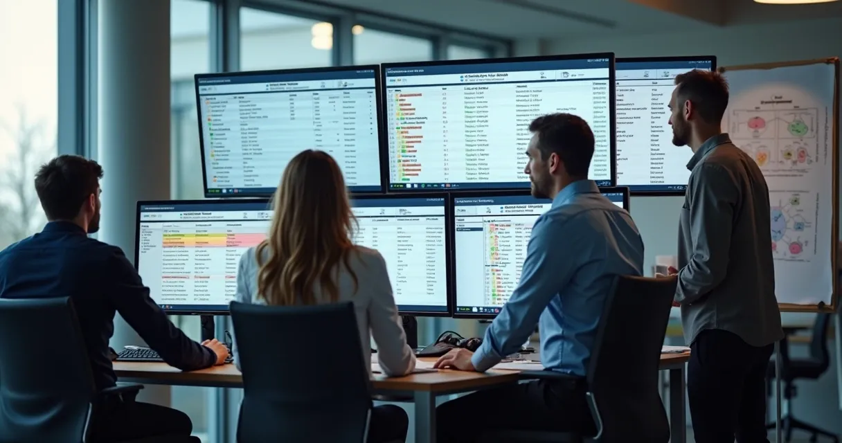 Equipe de vendas revisa listas segmentadas de empresas em telas de computador