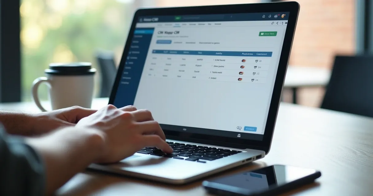 Tela de CRM em destaque e mãos atualizando informações