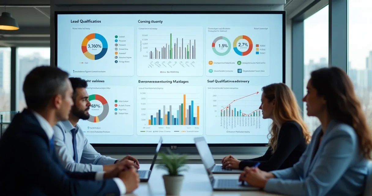 Equipe discutindo qualificação e validação de leads com gráficos