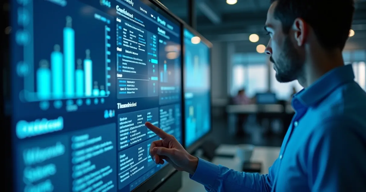 Pessoa analisando painel de dados empresariais em monitor wide