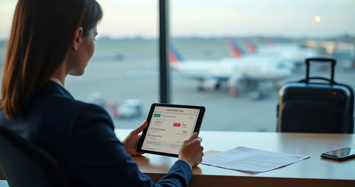 Profissional corporativo consultando passagem de voo e hotel em tablet