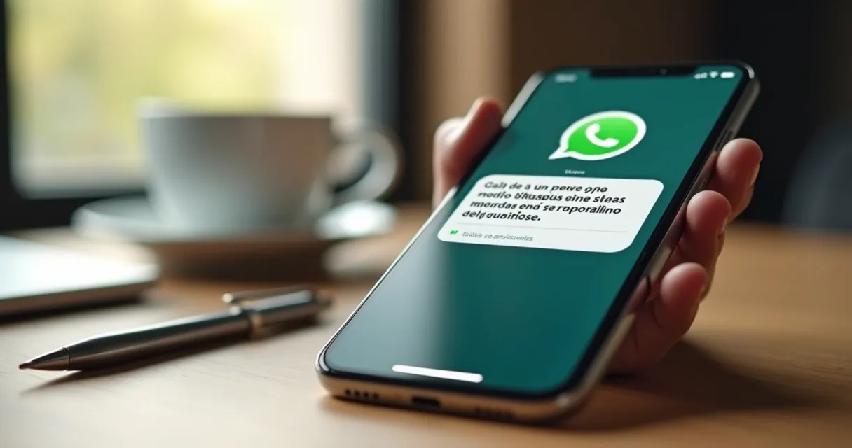 Mensagem de saudação comercial no WhatsApp em celular sobre a mesa