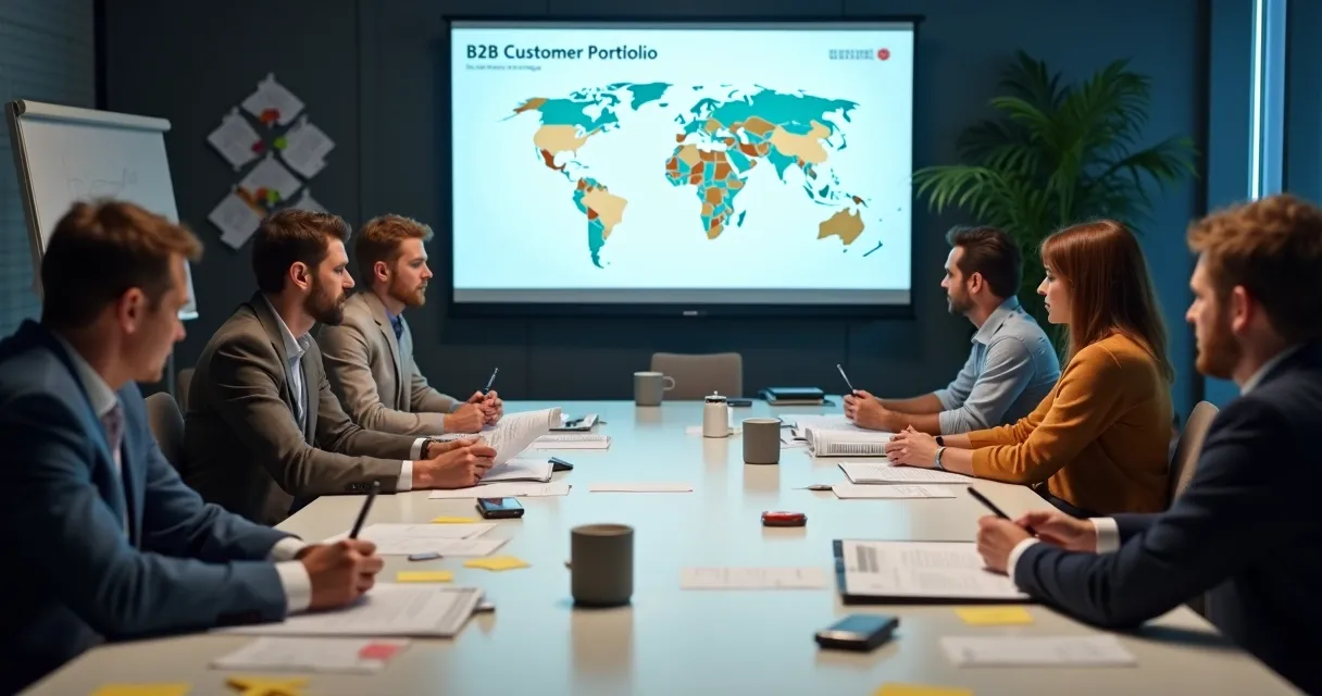 Equipe analisando carteira de clientes B2B em sala de reunião