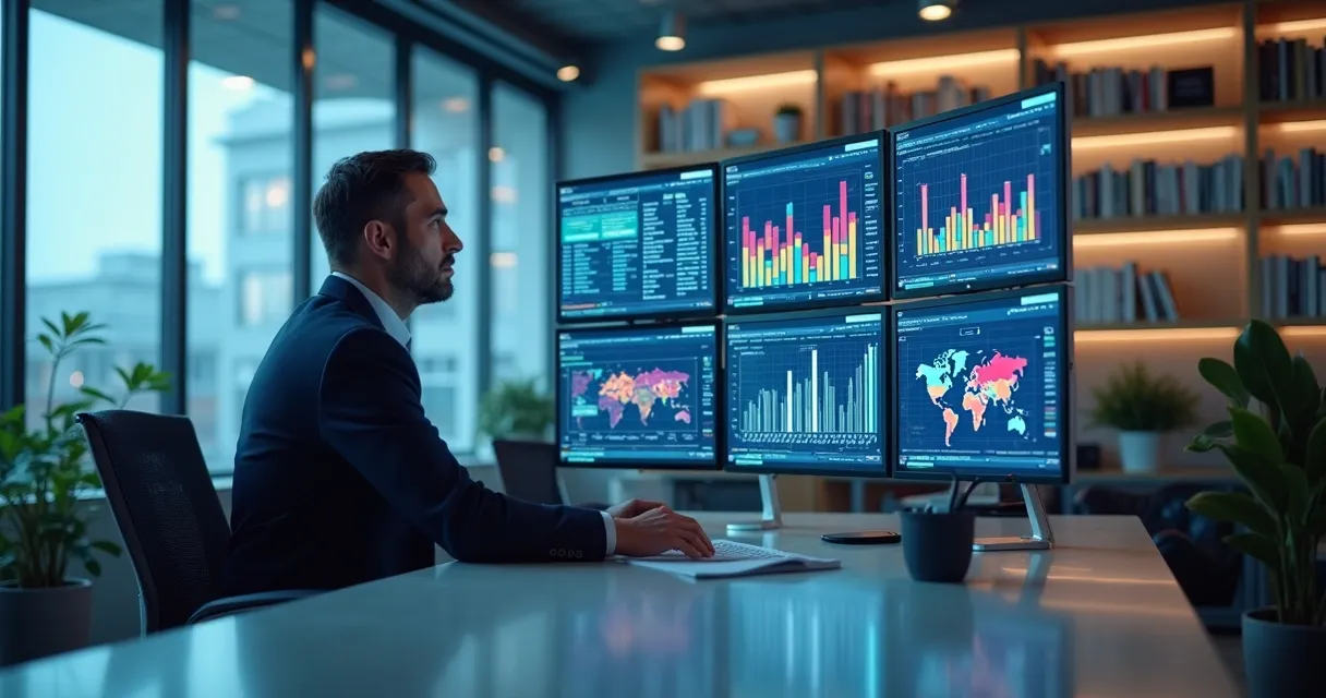 Cientista de dados analisando gráficos e dados em telas digitais em um escritório corporativo
