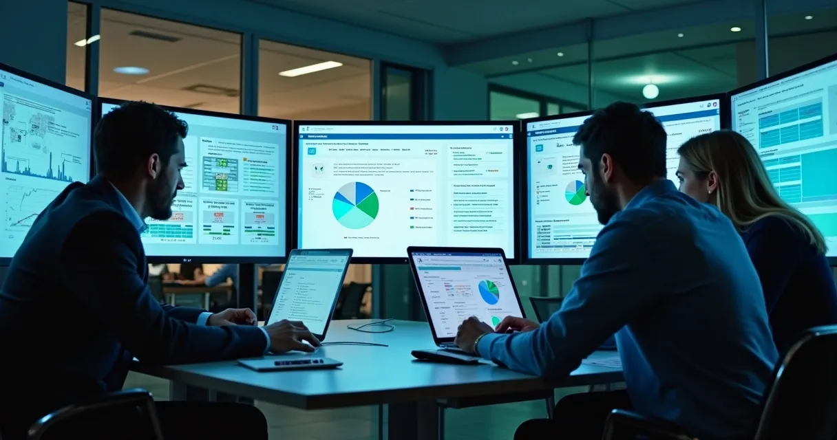 Equipe analisando dados digitais em monitores e gráficos de risco em ambiente corporativo