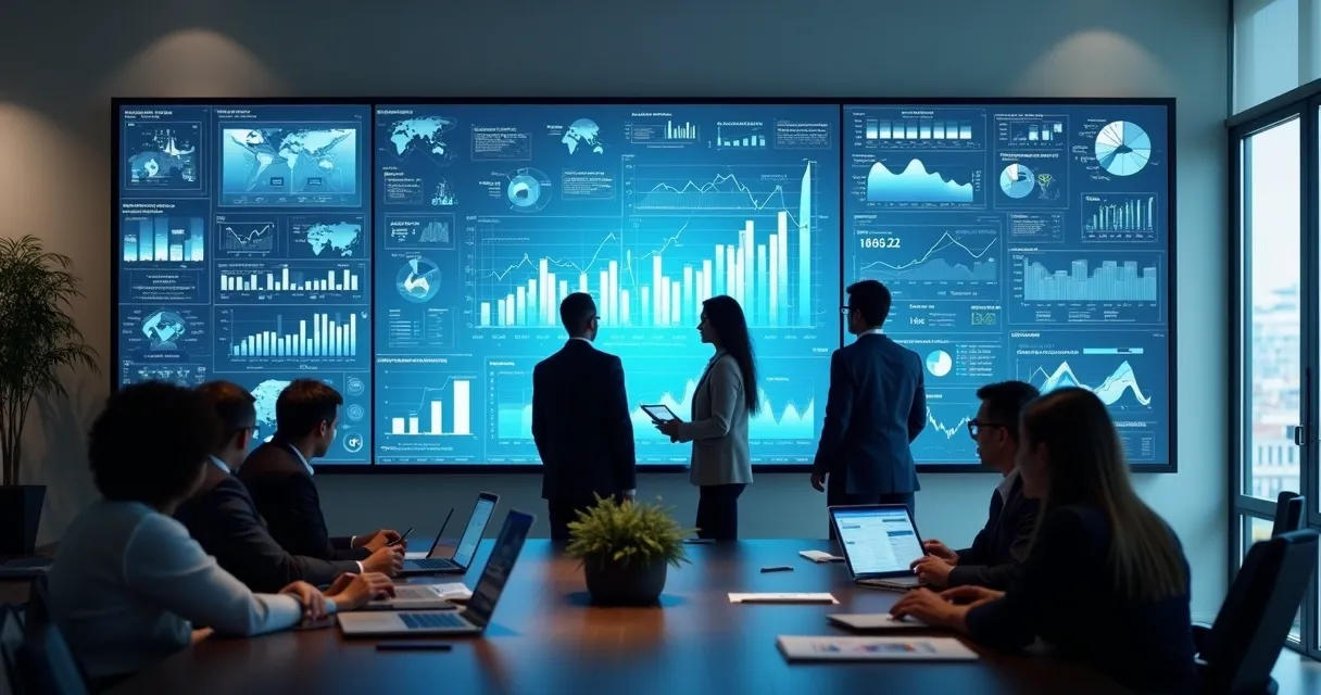 Profissionais analisando gráficos de vendas e dados digitais em tela