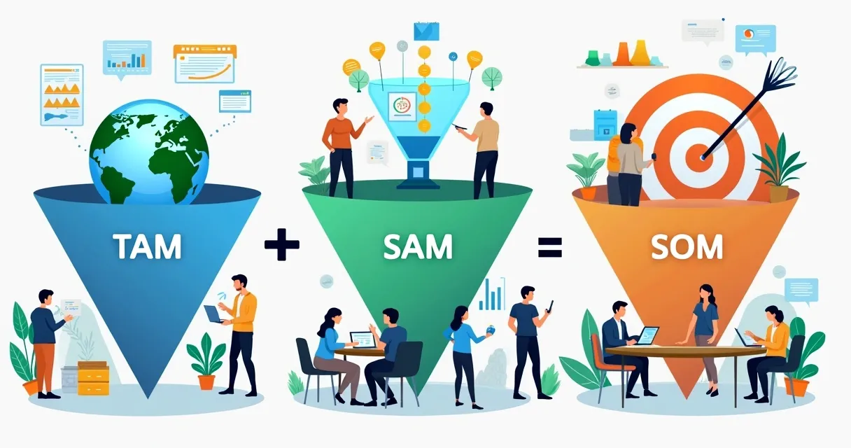 Gráfico mostrando etapas do cálculo de TAM, SAM e SOM em SaaS B2B