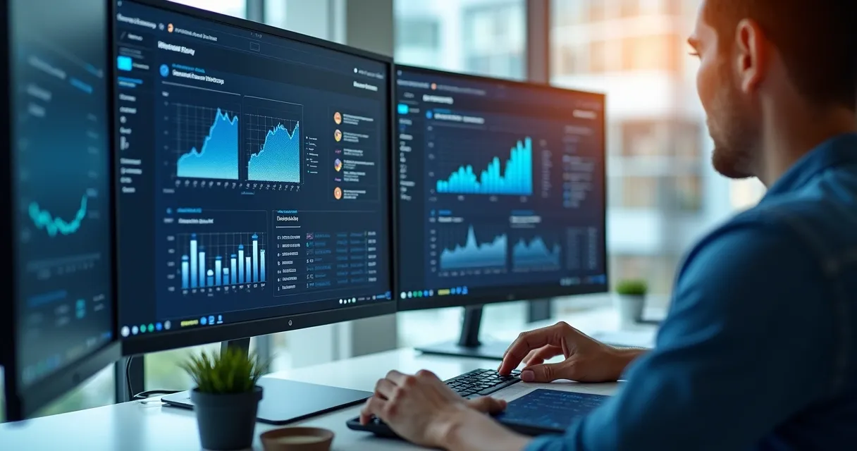Plataforma de inteligência comercial com dados e gráficos em tela moderna 