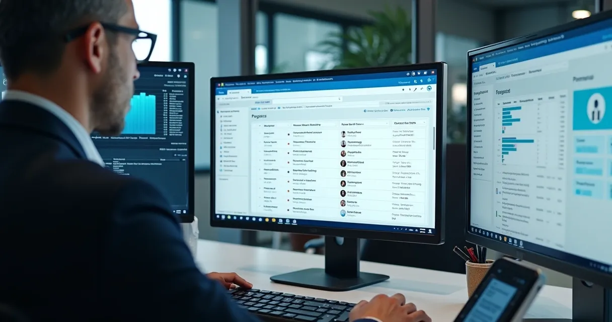 Profissional usa computador em escritório moderno para consultar dados de uma empresa pelo telefone.