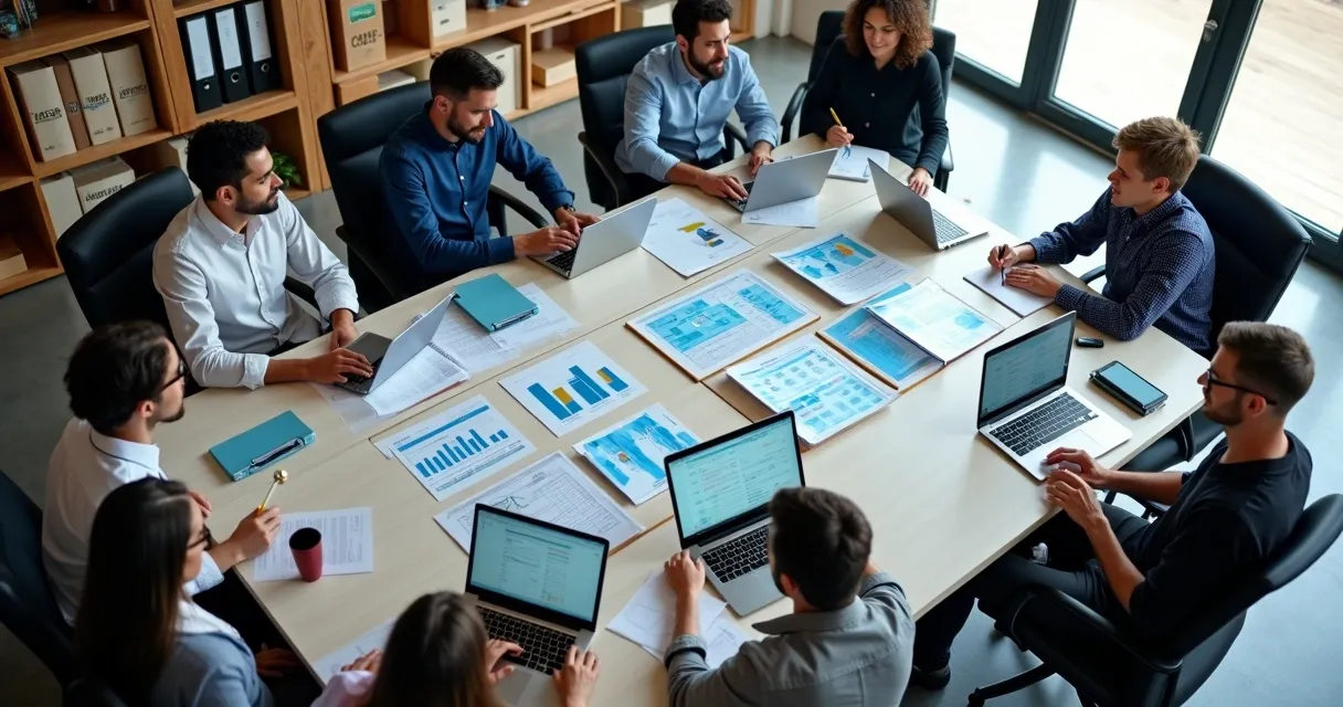 Equipe analisando dados empresariais em computadores
