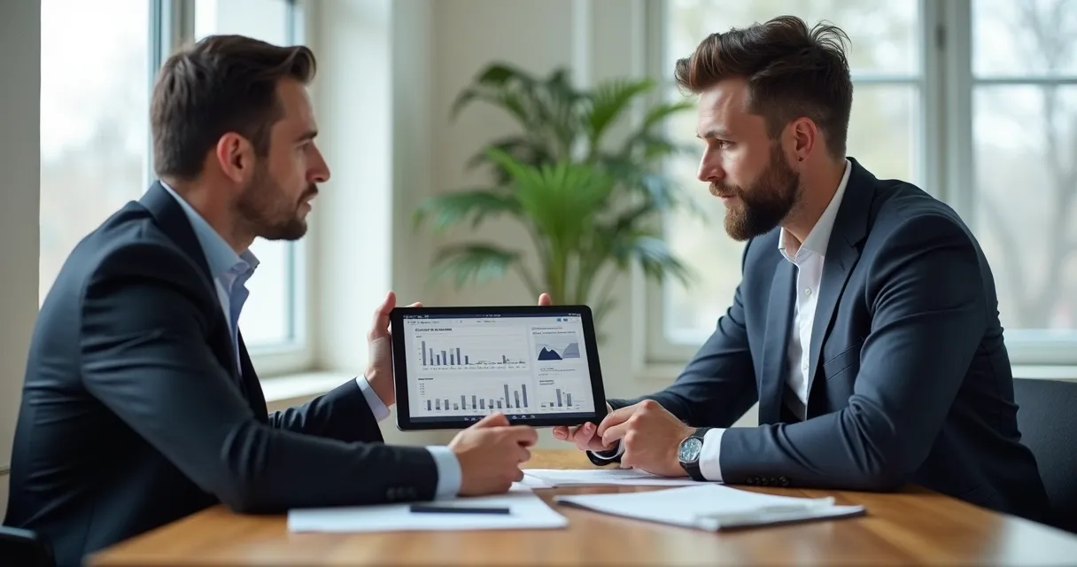 Vendedor em conversa consultiva com cliente segurando tablet com gráficos 