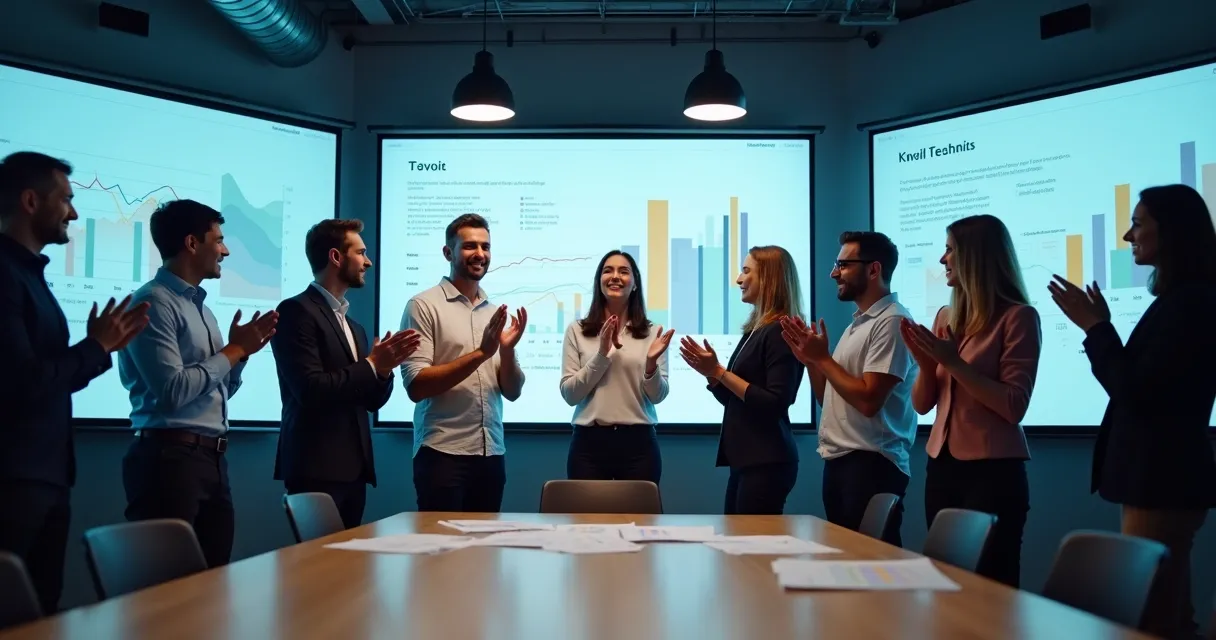 Equipe de vendas SaaS celebrando crescimento de resultados com gráficos digitais