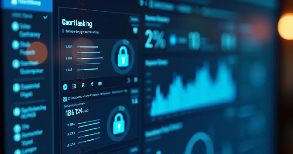Painel digital com gráficos de comparação, cadeado de segurança e fundo tecnológico