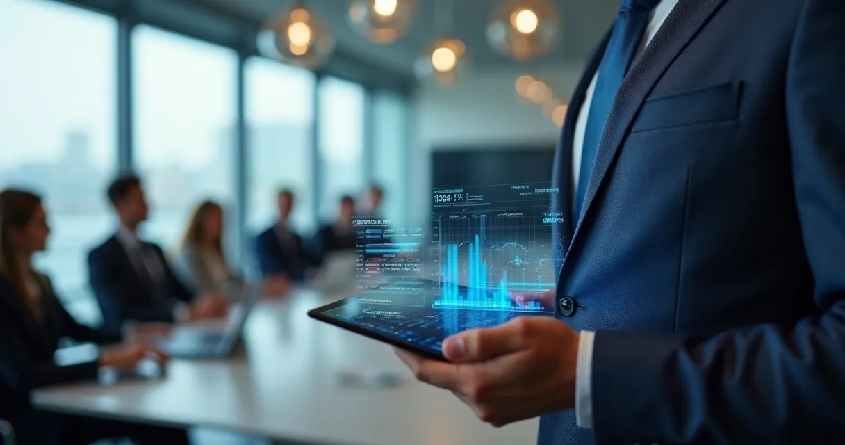 Executivo analisando dados enriquecidos em um tablet durante reunião 