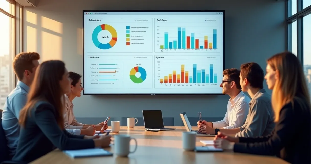 Dashboard colorido com métricas de prospecção outbound em tela grande