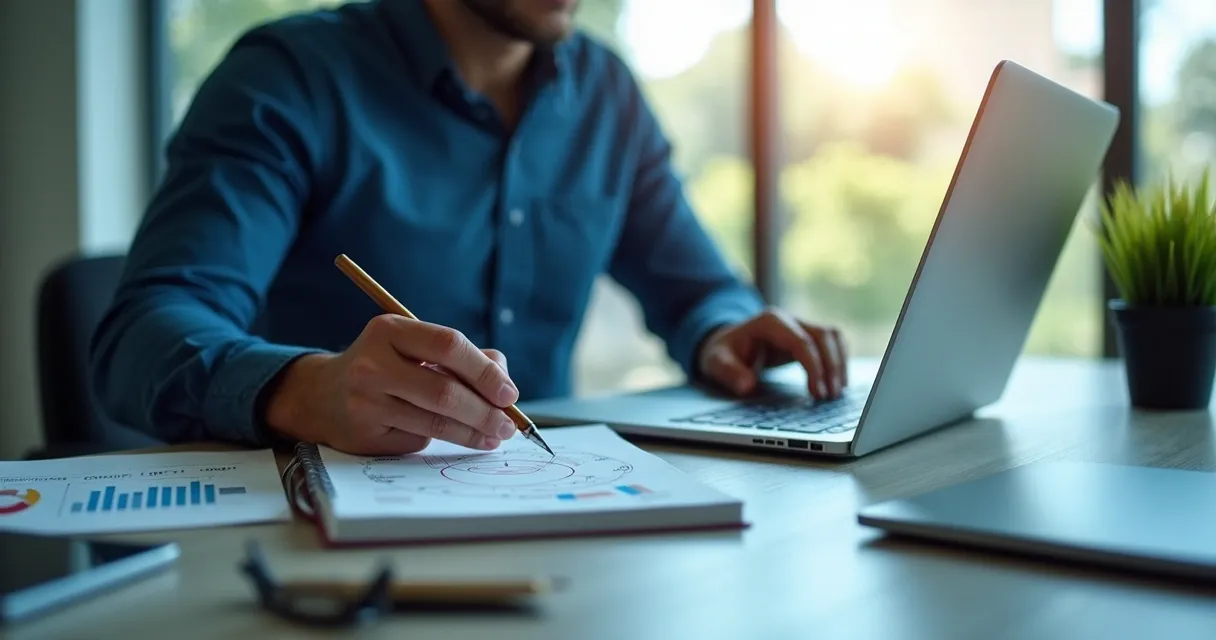 Empresário em escritório analisando dados de empresas na tela do notebook