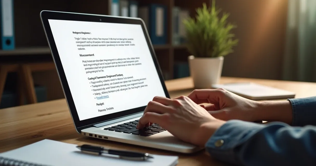 Profissional digitando e enviando cold email em notebook na mesa de escritório