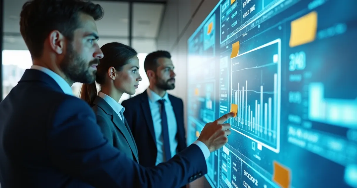 Equipe de negócios analisando padrões digitais em tela interativa