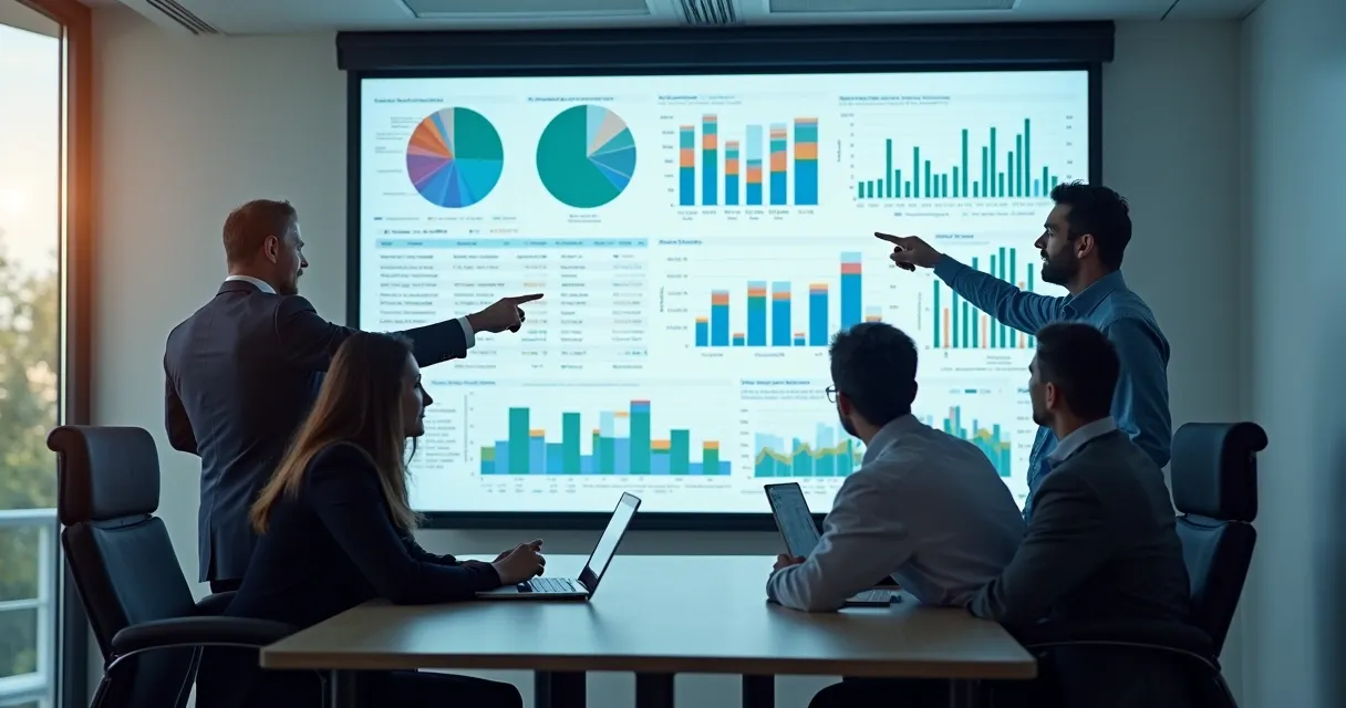 Equipe de vendas analisando dados em tela grande