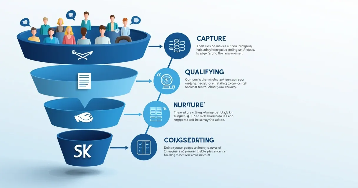 Diagrama ilustrado do funil de vendas com etapas de captação, qualificação e conversão de leads 