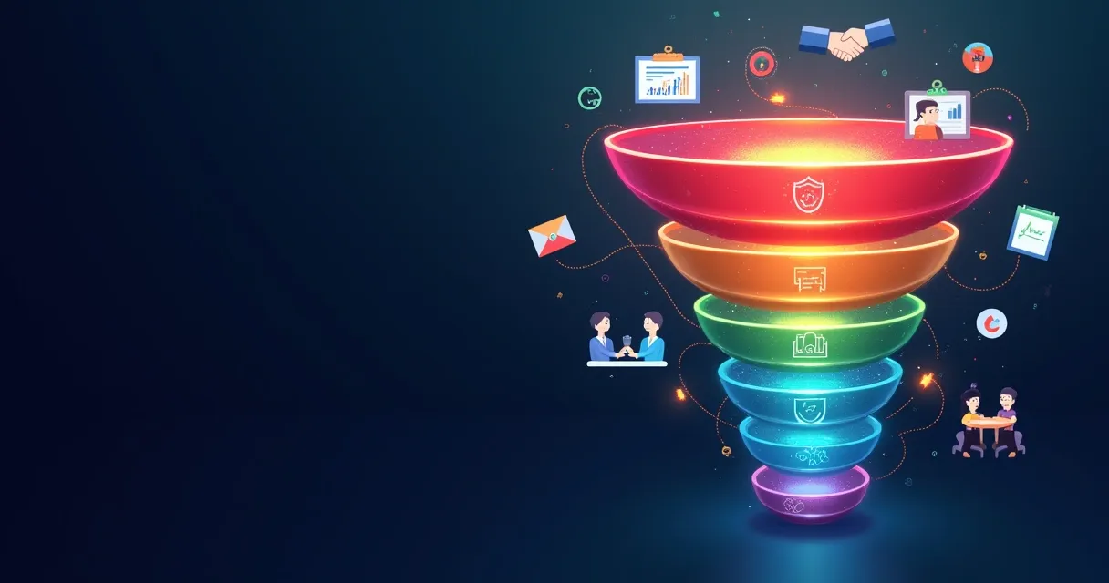 Ilustração digital do funil de vendas b2b com passos e ícones coloridos 
