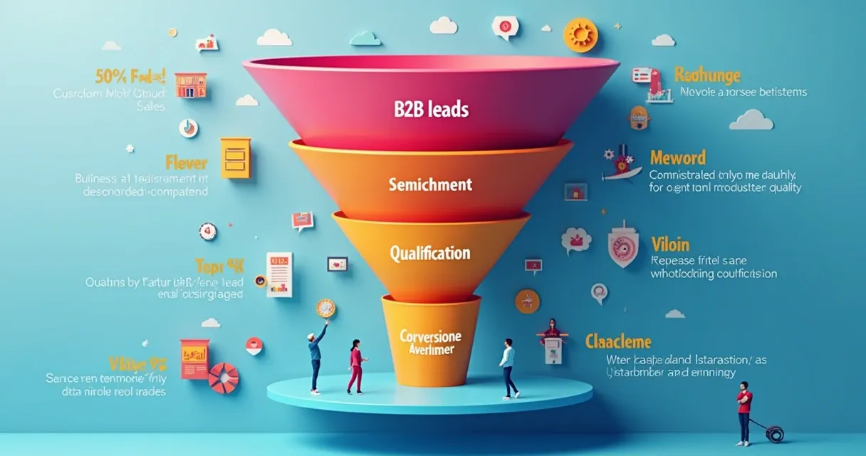 Diagrama de funil de vendas B2B mostrando conversão progressiva de leads 