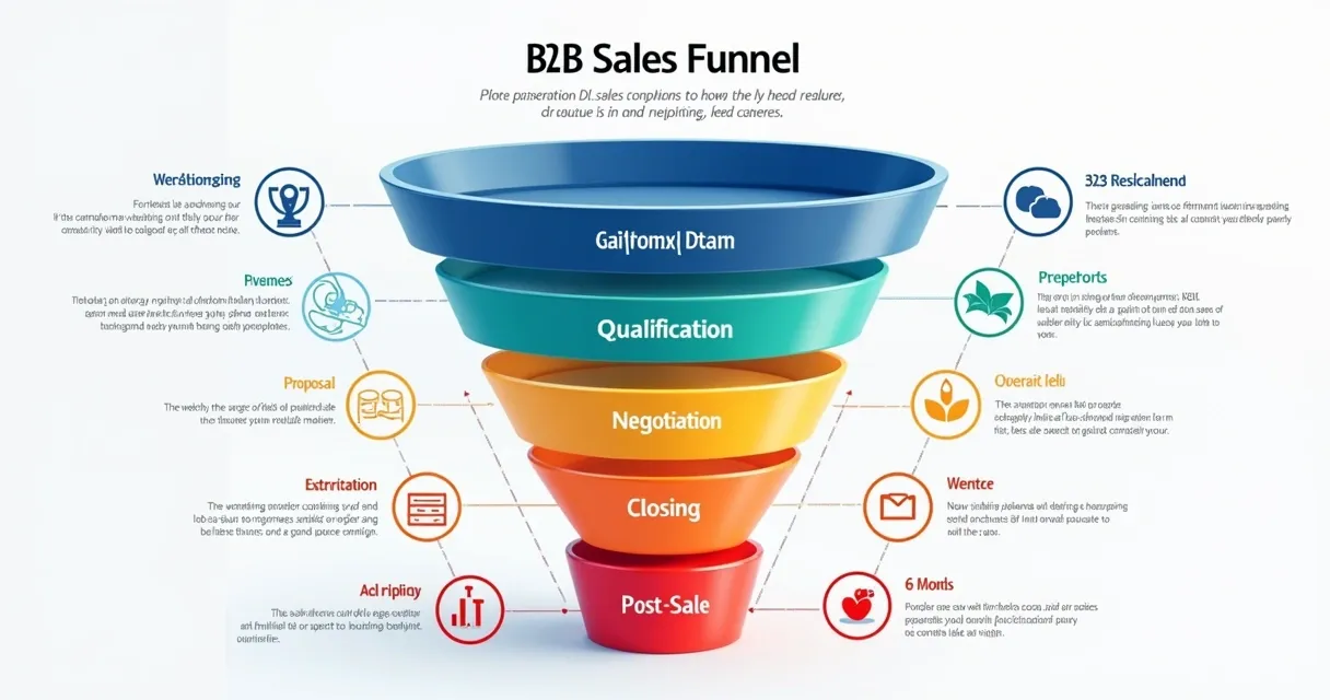 Infográfico do funil de vendas B2B com etapas destacadas em cores 