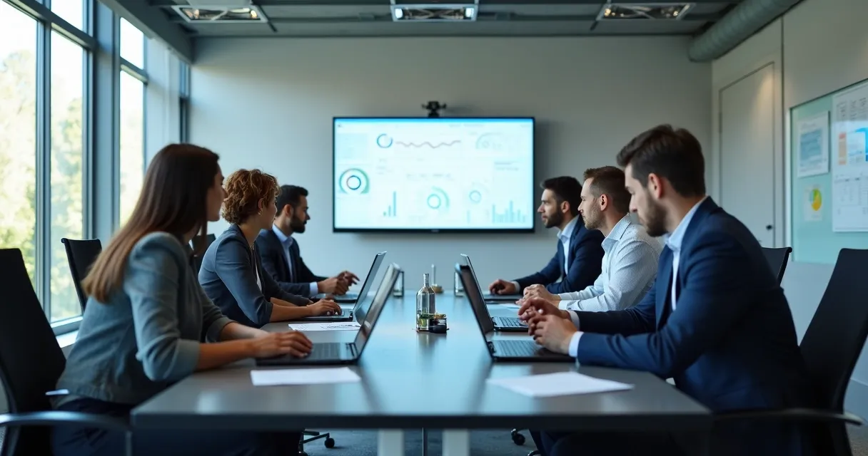 Equipe de vendas reunida analisando dados de leads B2B na tela de um notebook em ambiente corporativo 