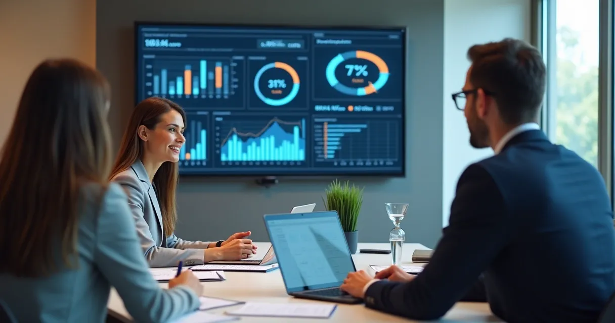 Profissional de vendas corporativo analisando dados em notebook em sala de reunião 