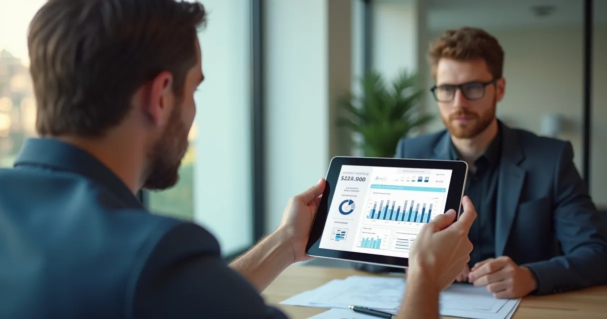 Apresentação digital personalizada na tela de um tablet com dados de cliente