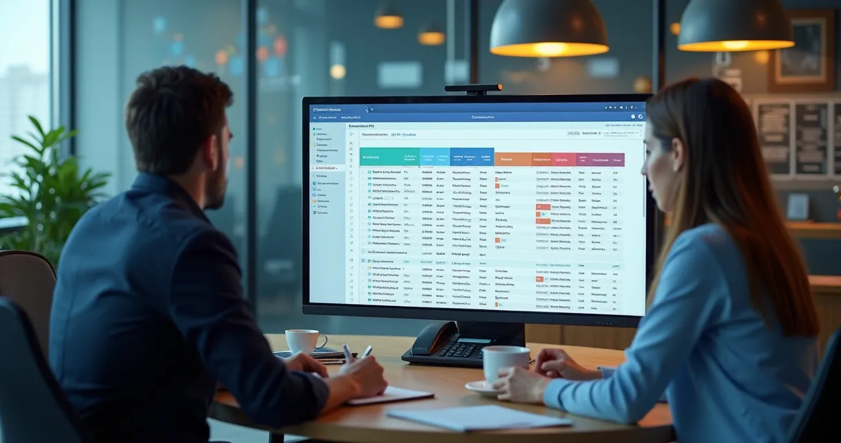 Equipe analisando lista de empresas em um computador moderno