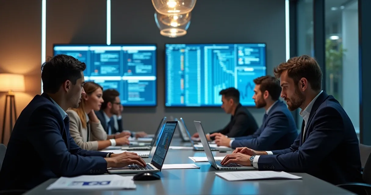 Equipe reunida em torno de computadores analisando dados em uma empresa moderna 