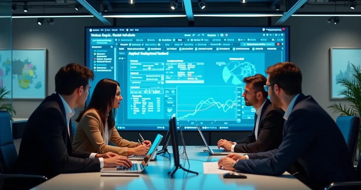 Equipe empresarial utiliza plataforma SaaS para busca comercial via telefone.