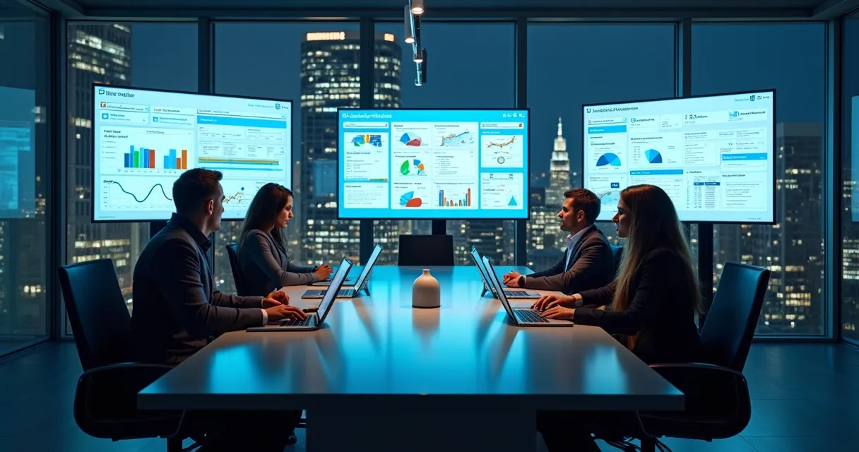 Equipes comerciais analisando dados B2B em grandes telas integradas com gráficos coloridos e dashboards 