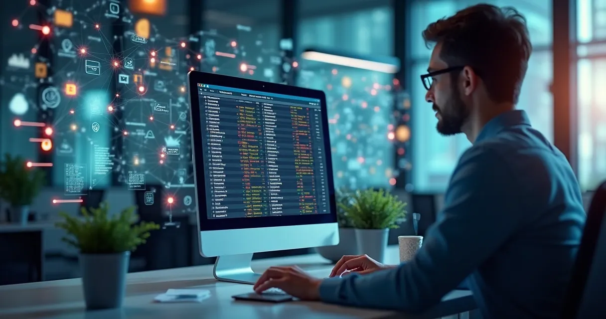 Profissional filtrando lista de empresas para prospecção B2B no computador
