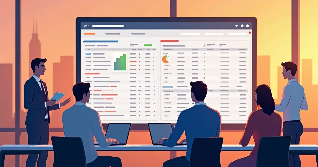 Equipe de vendas analisando lista segmentada de empresas na tela do computador 