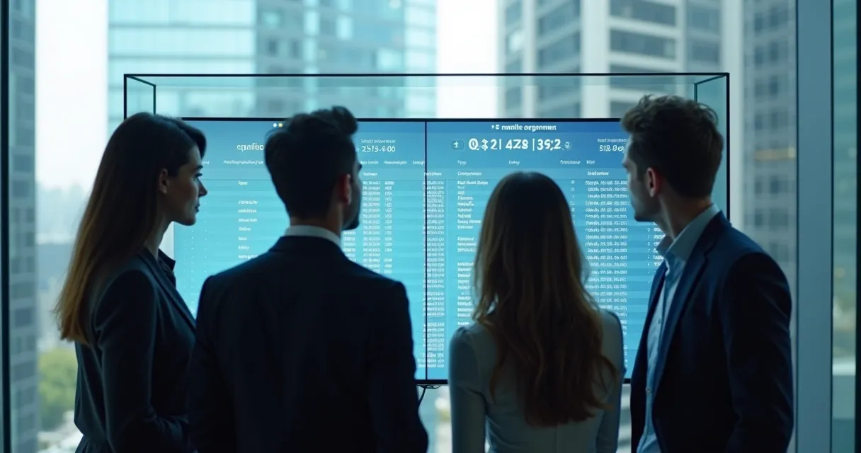 Profissionais analisando dados cadastrais de software na tela em ambiente corporativo. 