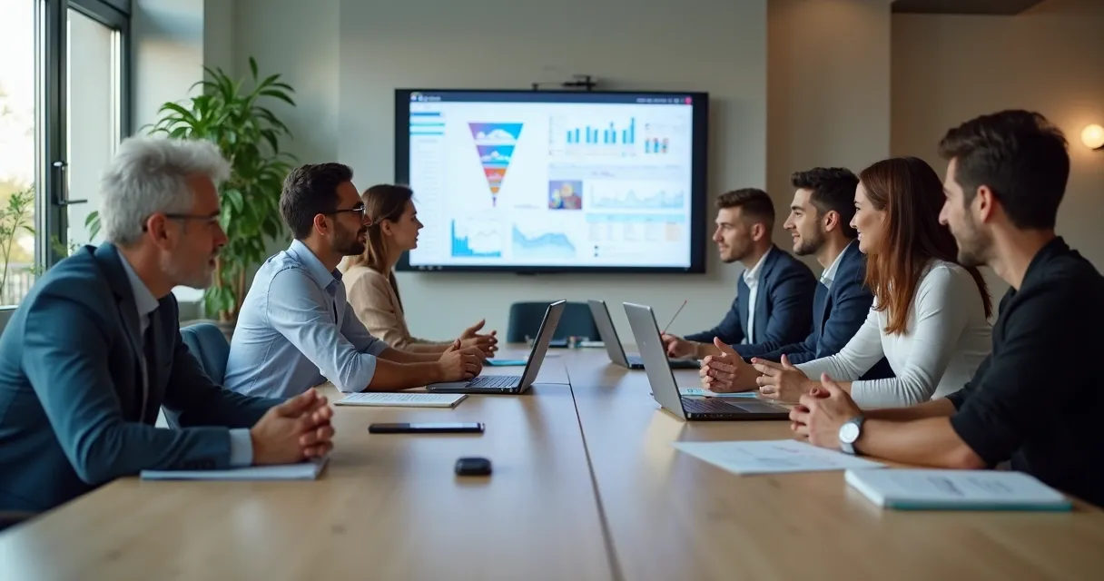 Equipe de marketing e vendas reunida em mesa discutindo planejamento de geração de leads 