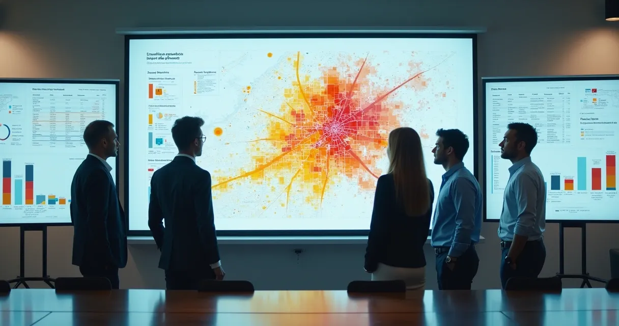 Escritório moderno com mapa de calor de clientes em destaque 