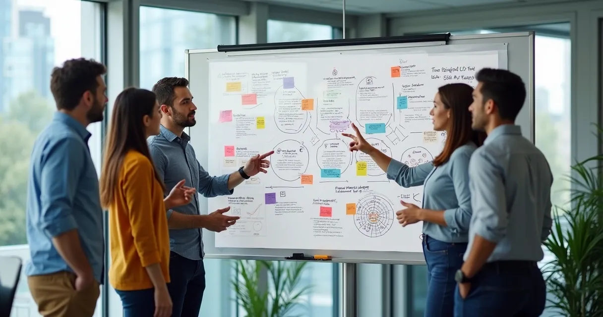 Equipe de marketing e vendas usando quadro branco desenhando estratégia de qualificação de leads 