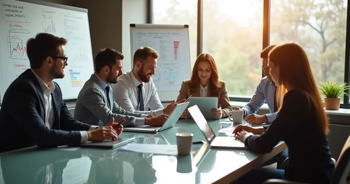 Equipe de vendas B2B em uma reunião focada em análise de leads