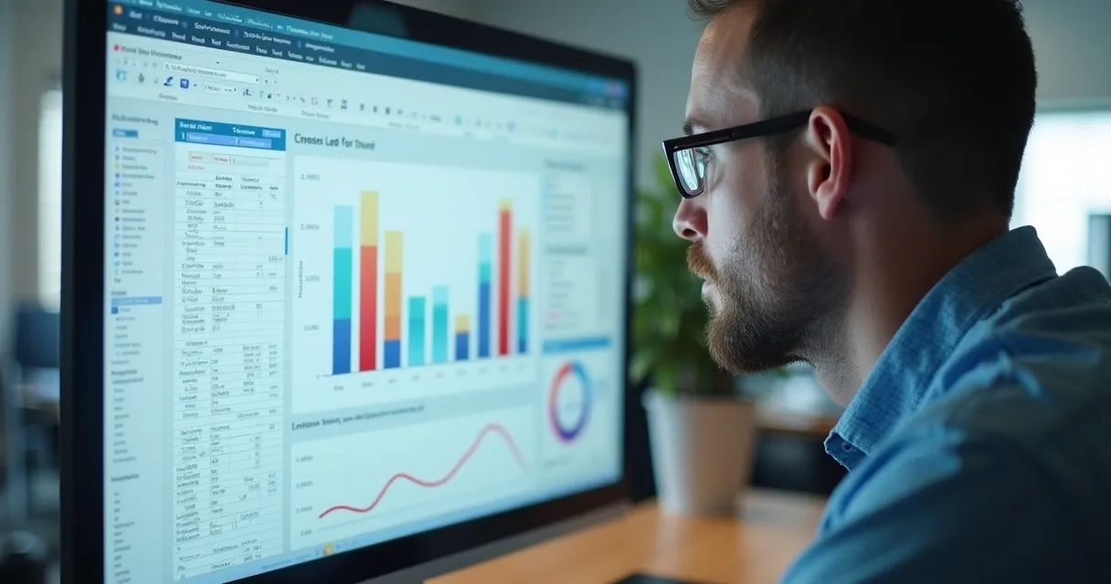 Profissional analisando planilha de leads em tela ampla com gráficos de vendas 