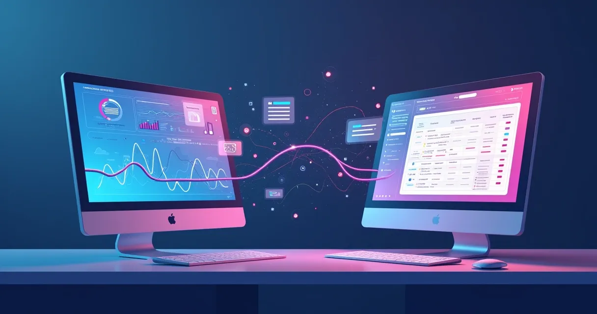 Ilustração de integração entre plataforma de dados e CRM em tela de computador 