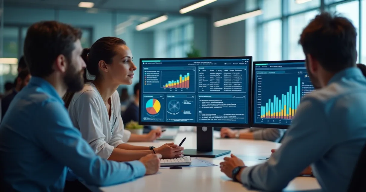 Equipe avaliando qualidade de dados em múltiplos monitores 