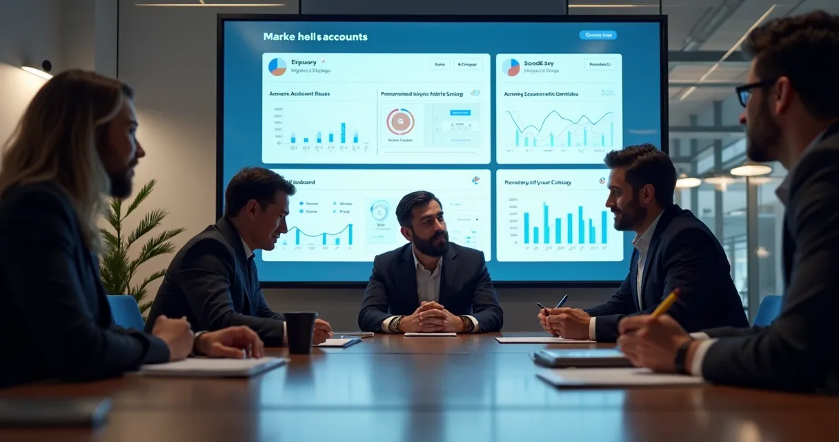 Equipe de marketing e vendas SaaS reunida em sala moderna debatem contas estratégicas.