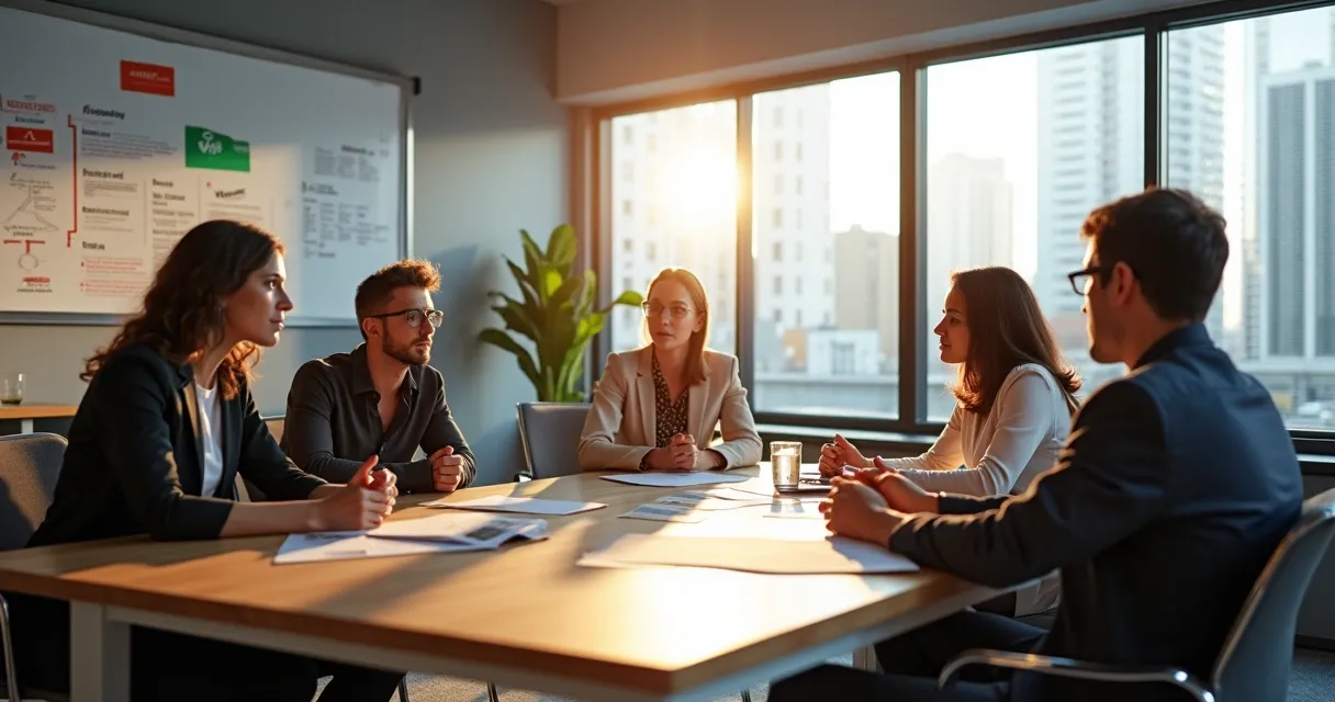 Grupos de profissionais de marketing e vendas conversando e alinhando estratégias em sala moderna 