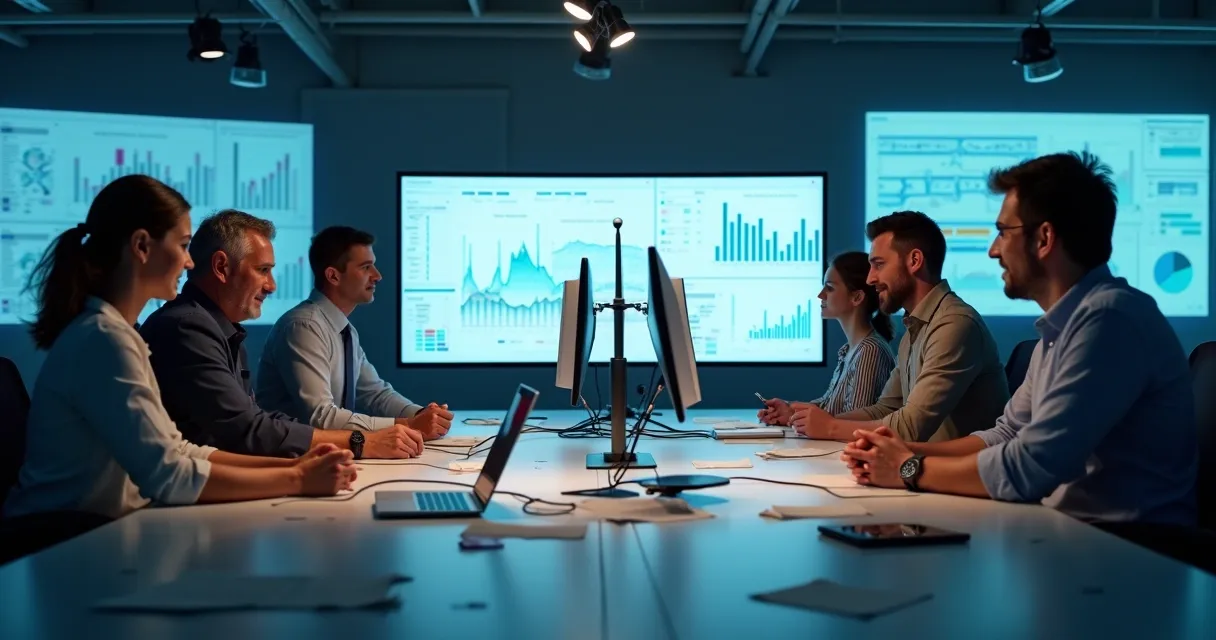 Equipe de vendas analisando dados de chamadas em telas de CRM