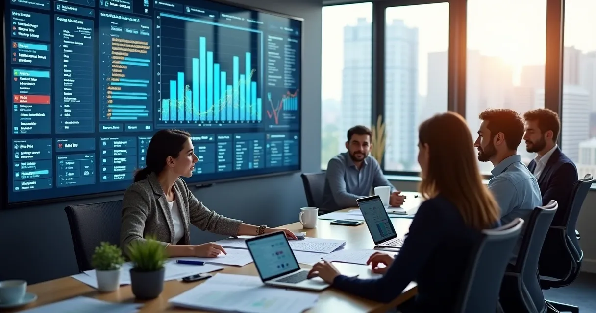 Equipe avaliando lista de leads em escritório, tela com gráficos de dados e filtros visíveis