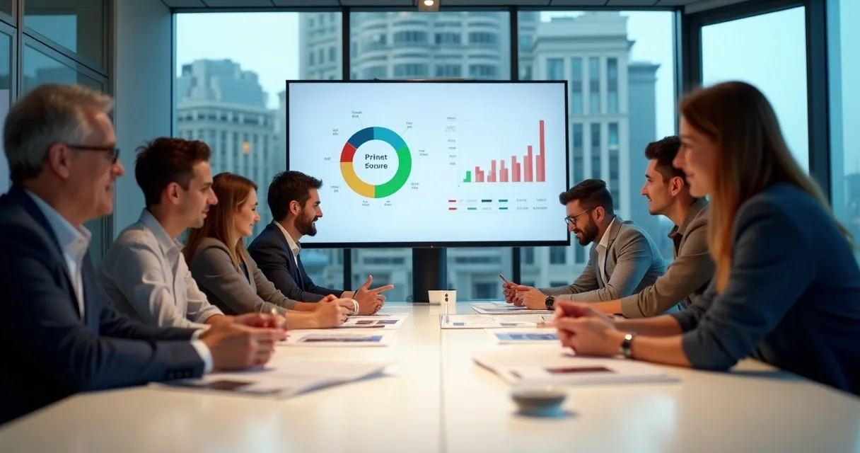 Equipe de análise reunida em torno de uma mesa com gráficos e score de crédito. 
